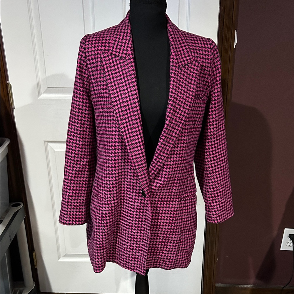 Vtg Mondi fushia black houndstooth padded shoulder cashmere wool jacket M